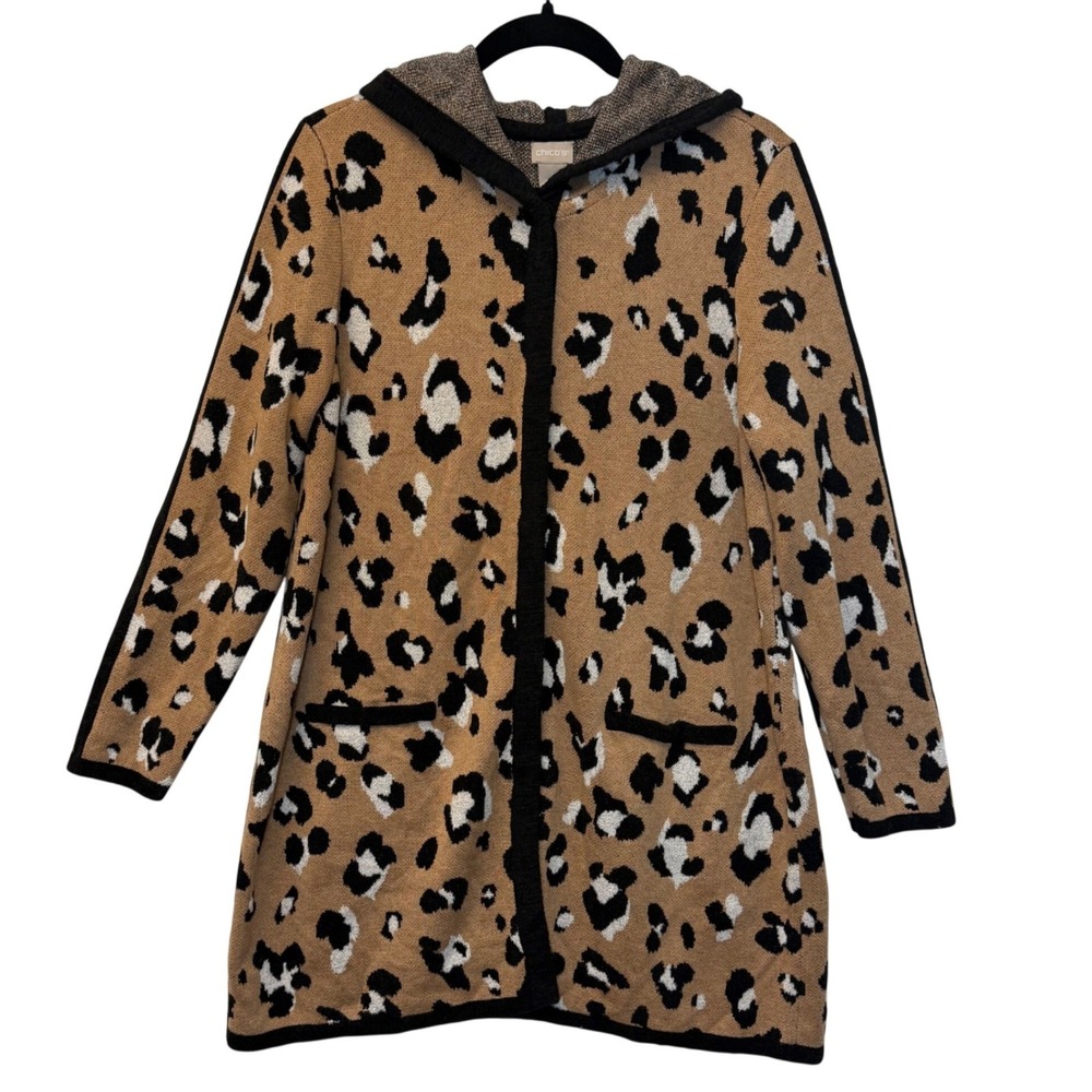 Chicos Leopard Print Hooded Cardigan Sweater Tan Black White Size 2/Large